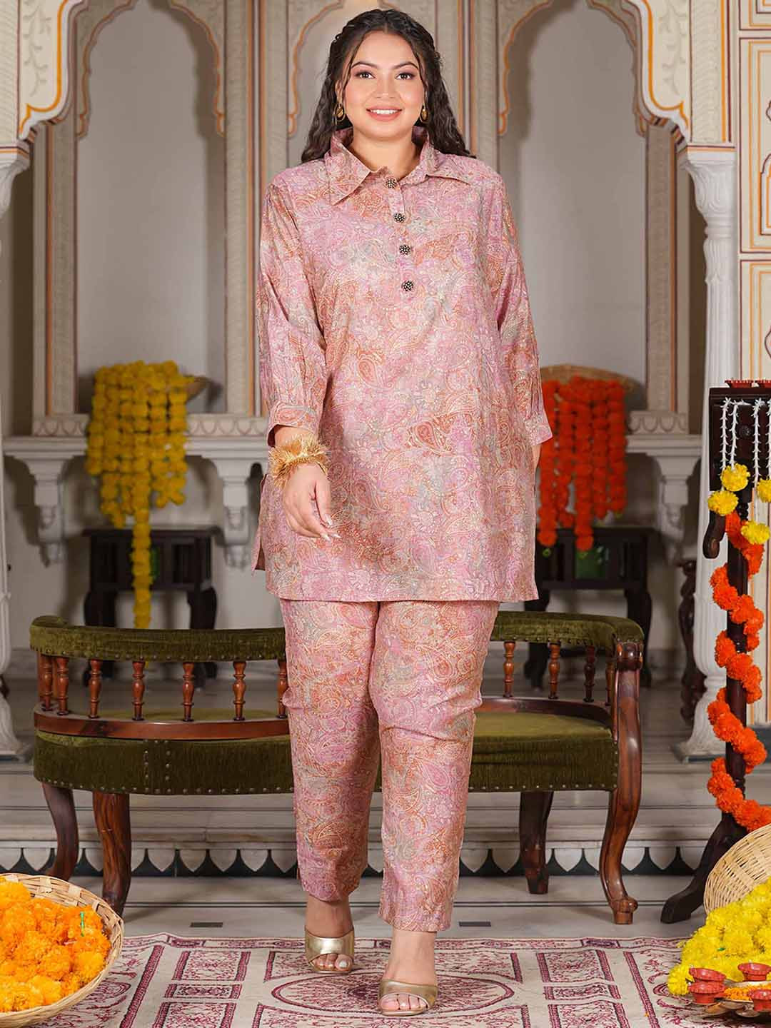 

LALI JAIPUR Plus Size Floral Printed Shirt Collar Neck Top & Flared Trouser Co-Ords, Pink