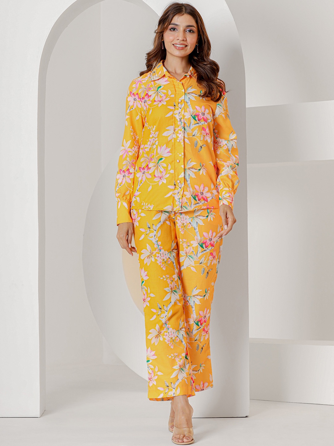 

LALI JAIPUR Floral Printed Shirt With Trousers Co-Ords, Yellow