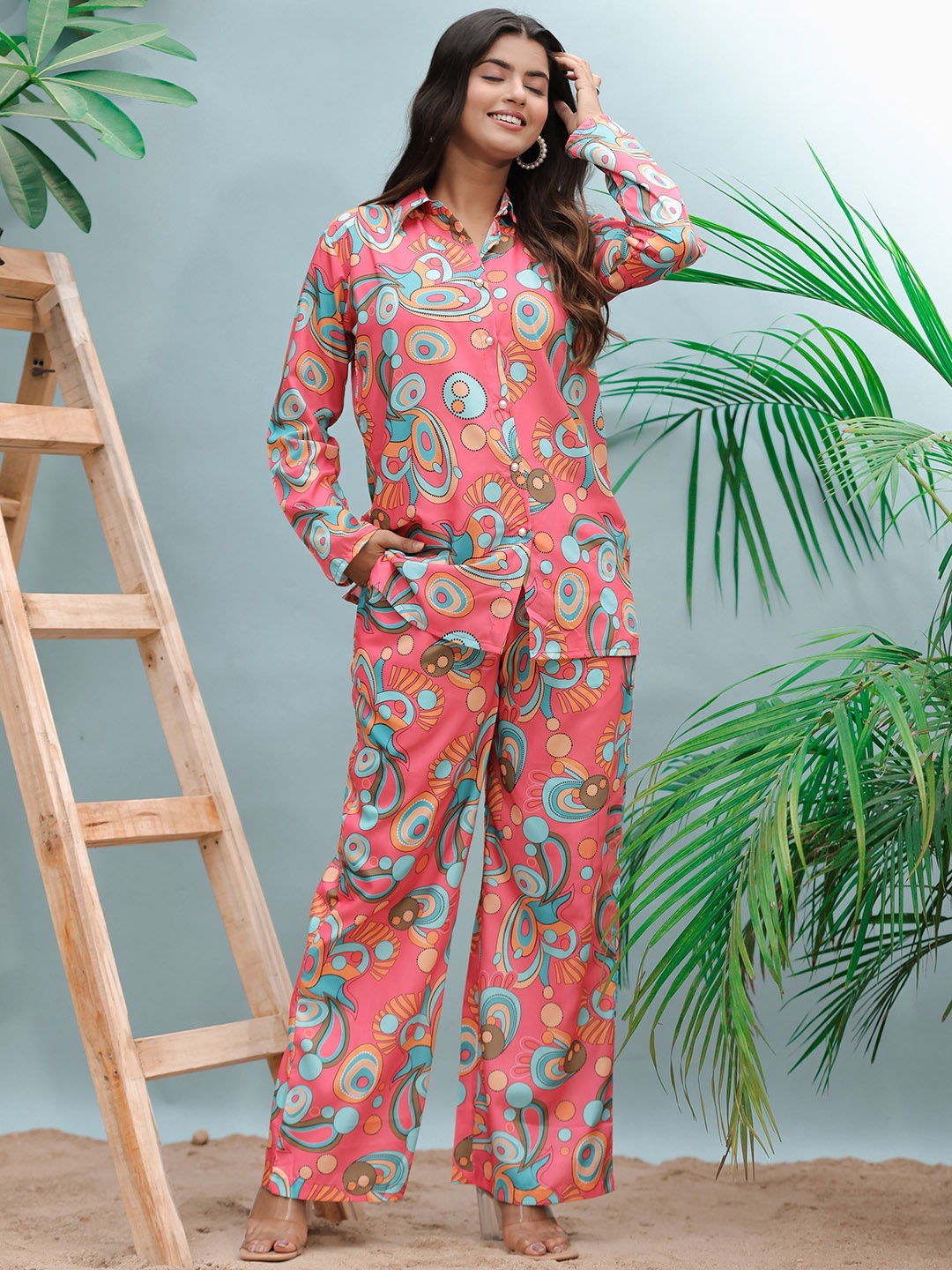 

LALI JAIPUR Floral Printed Shirt Collar Neck Shirt & Flared Trouser Co-Ords, Pink