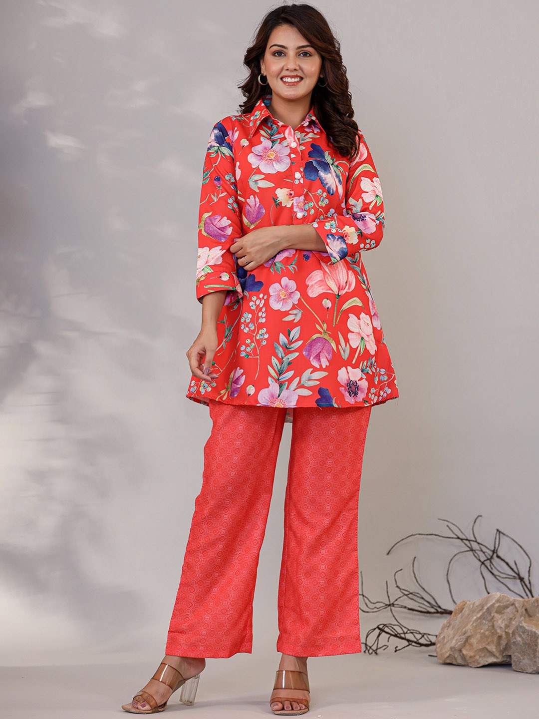

LALI JAIPUR Floral Printed Linen Top With Trousers Co-Ords, Red