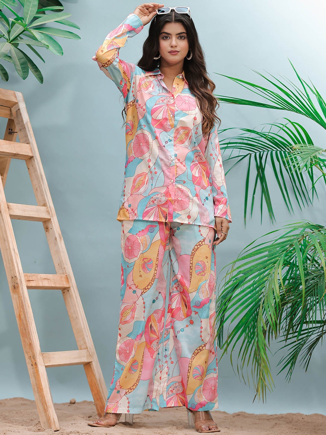 

LALI JAIPUR Floral Printed Satin Shirt With Trousers Co-Ords, Pink