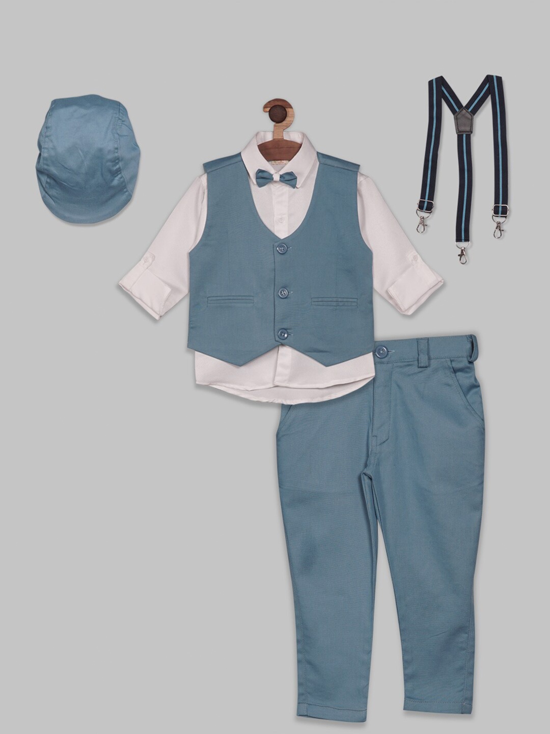 

BAESD Boys Full Sleeves Shirt Waistcoat with Trousers Suspender Cap & Bow, Teal