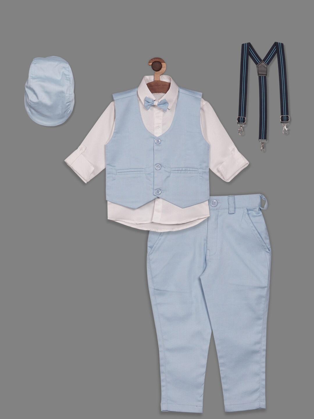 

BAESD Boys Full Sleeves Shirt Waistcoat with Trousers Suspender Cap & Bow, Blue