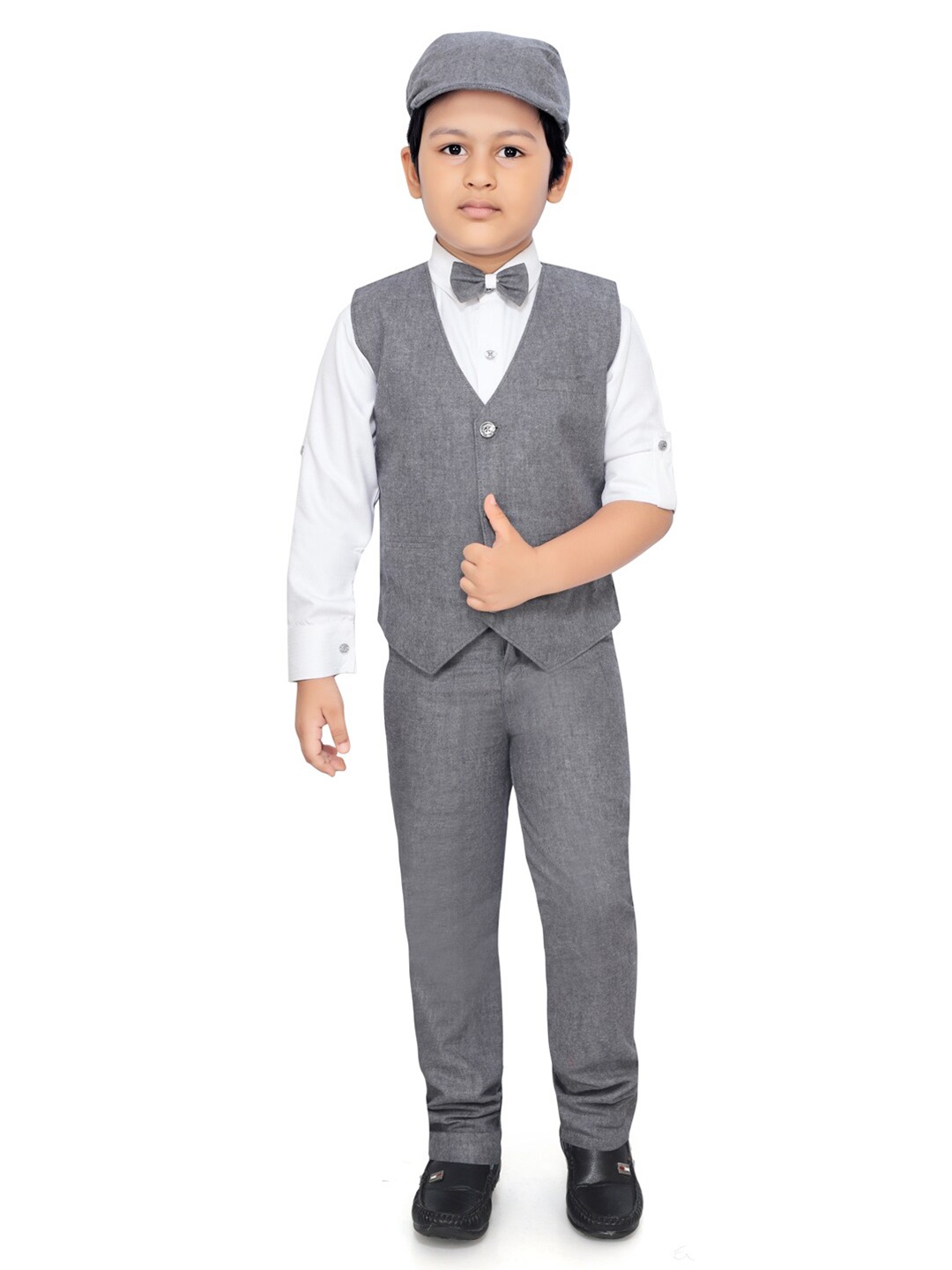 

BAESD Boys Shirt with Bowtie Waistcoat Pure Cotton Trousers & Ascot Hat, Grey