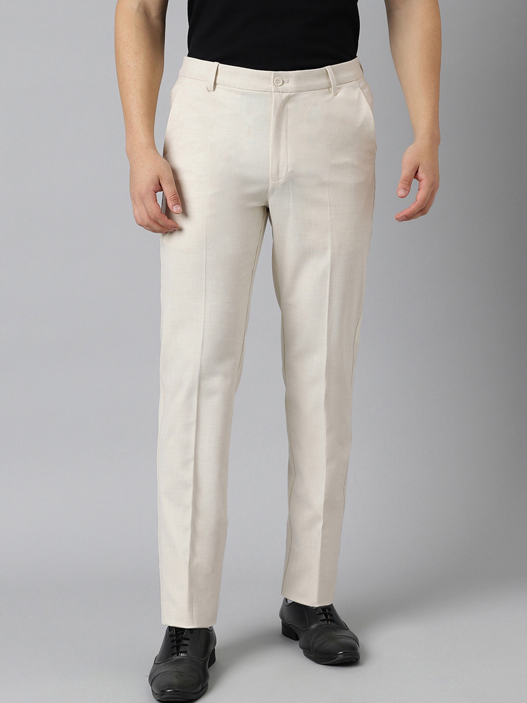 

SUBTRACT Men Slim Fit Wrinkle Free Flat-Front Formal Trousers, Cream