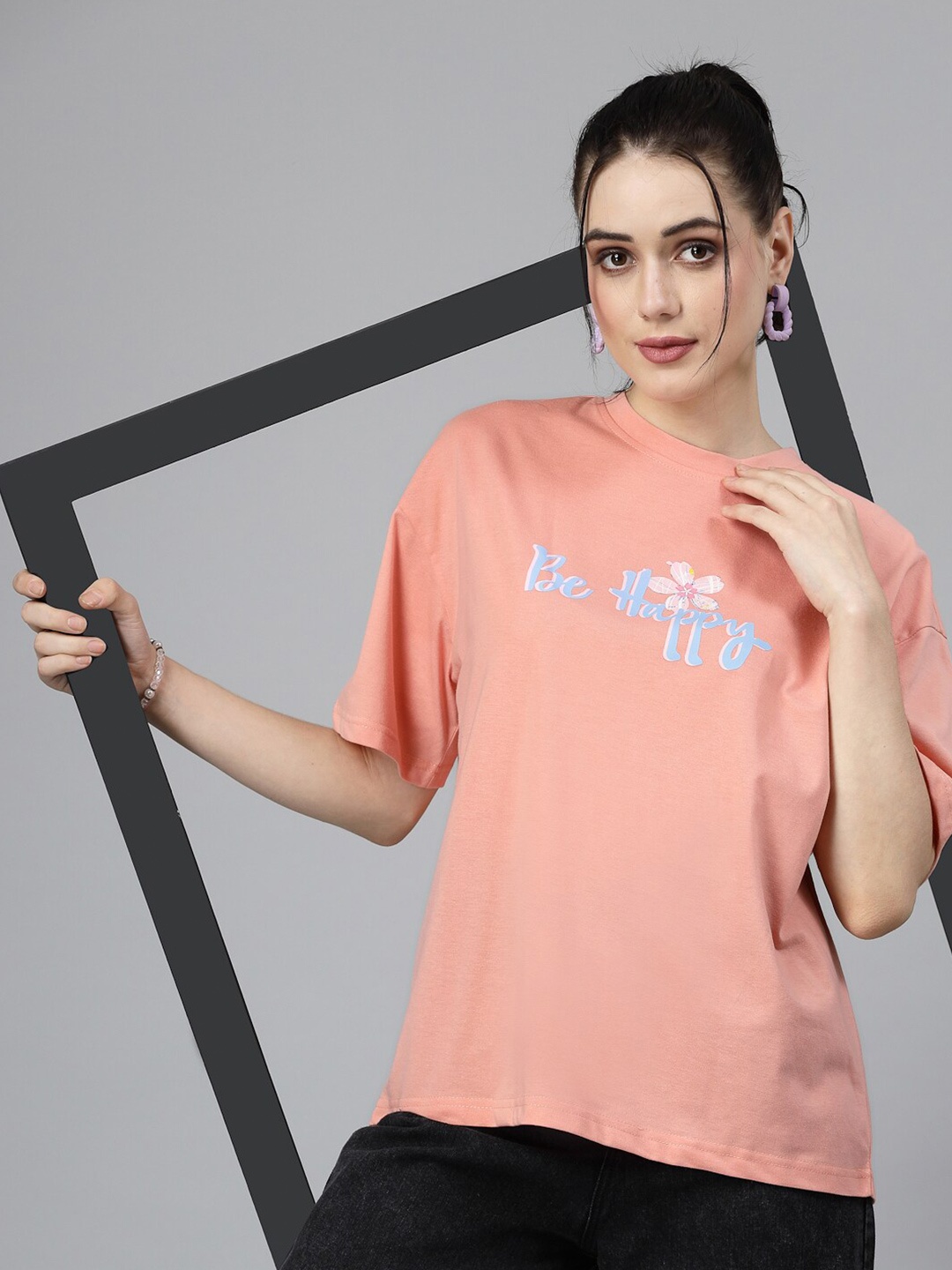 

Popster Round Neck Typography Printed Oversized Cotton T-shirt, Peach