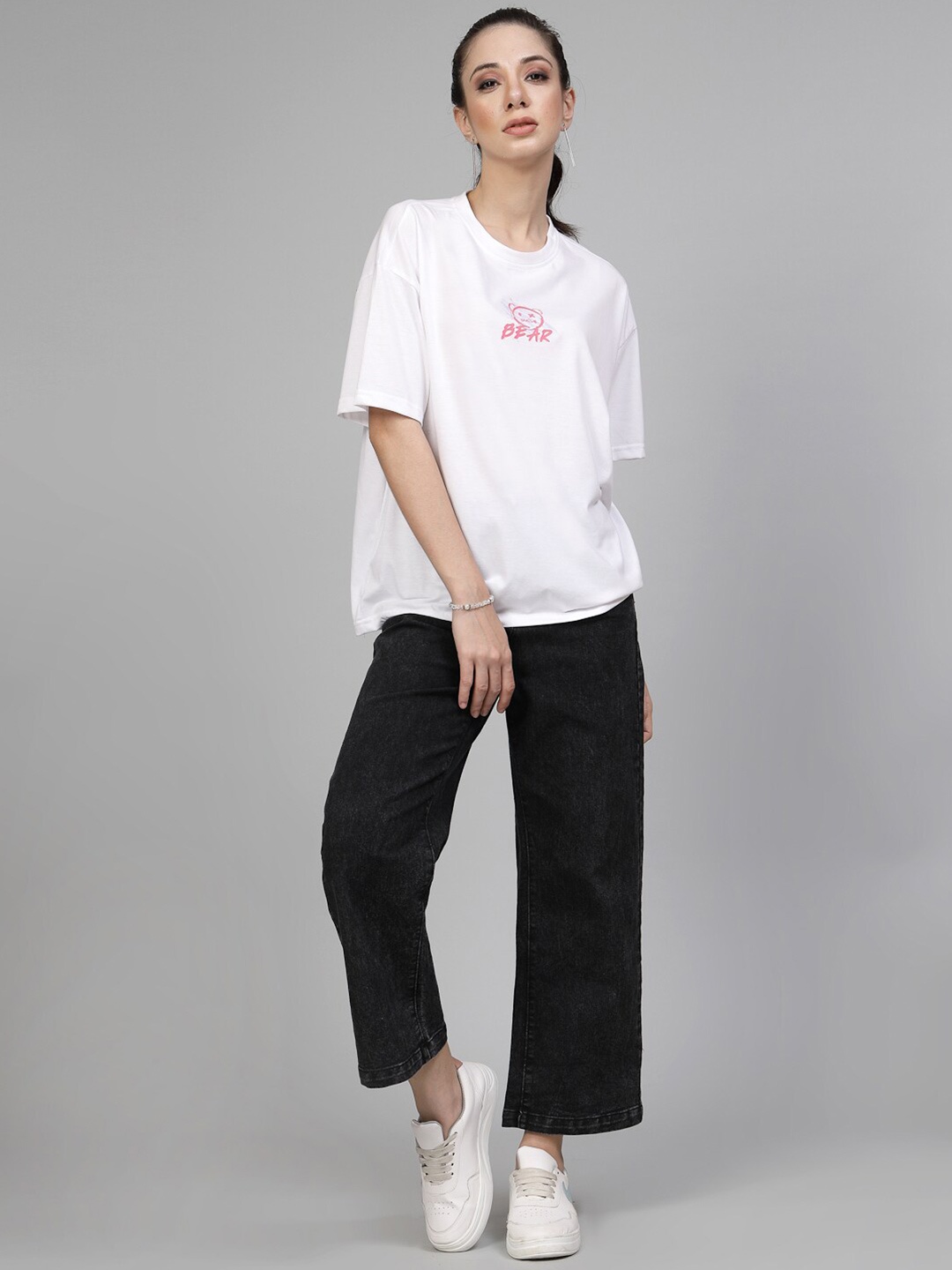 

Popster Typography Printed Round Neck Oversized T-shirt, White