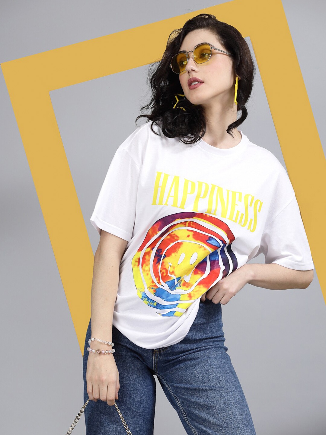 

Popster Round Neck Drop-Shoulder Sleeves Superhero Printed Cotton Oversized T-shirt, White