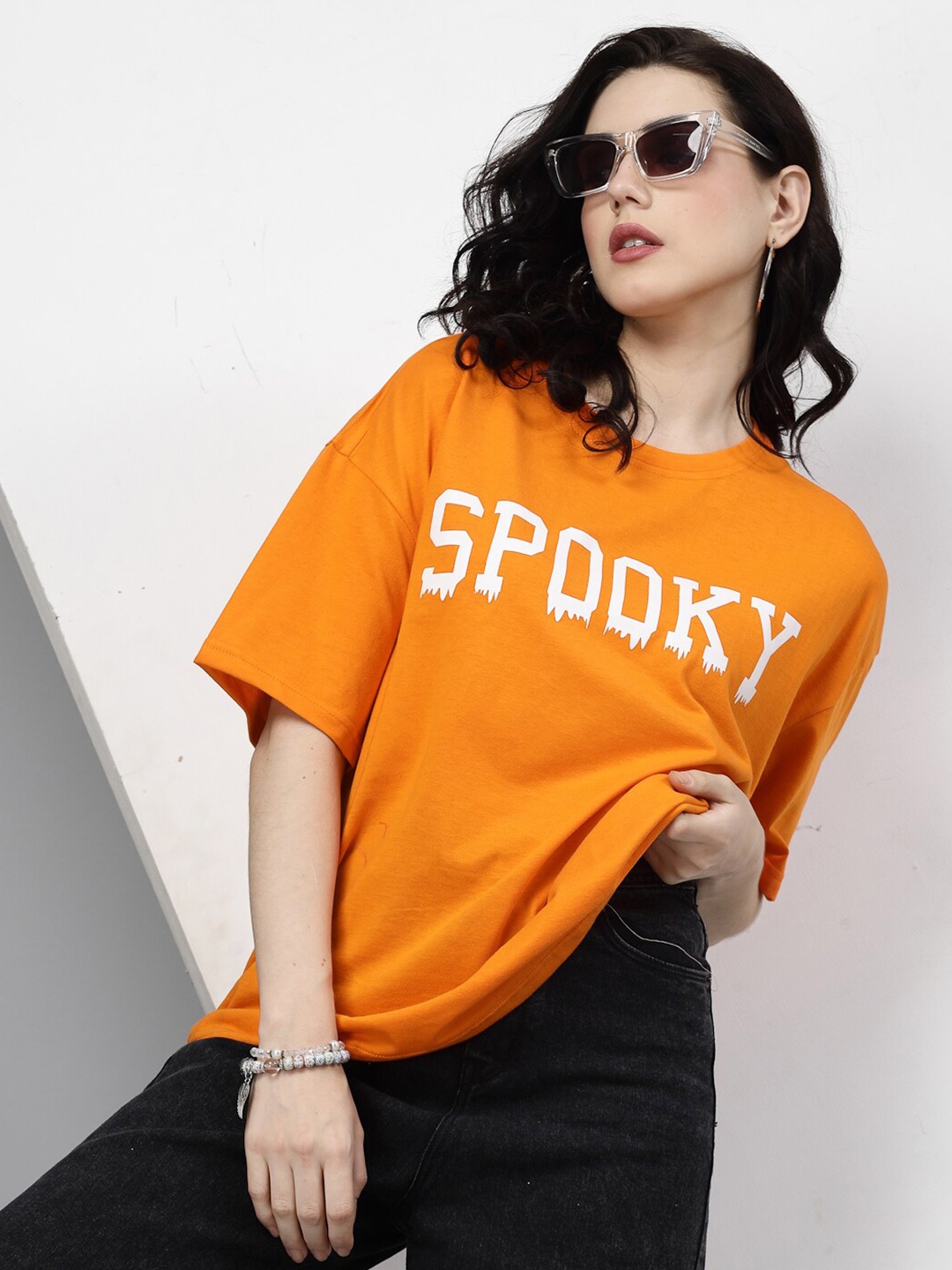 

Popster Typography Printed Round Neck Oversized T-shirt, Orange