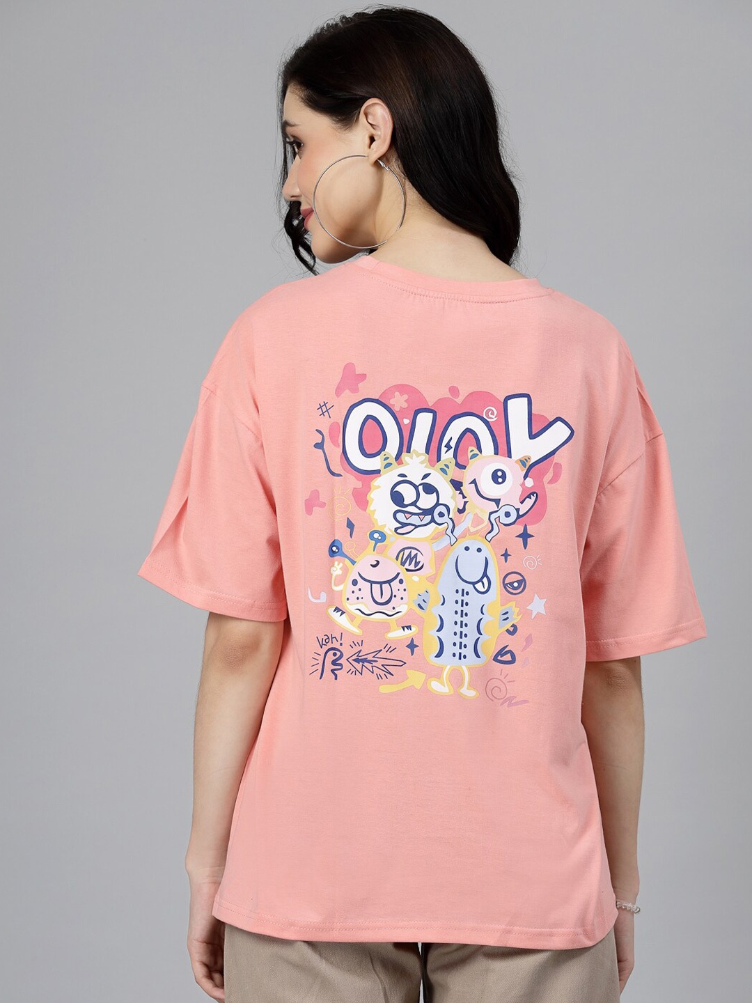 

Popster Round Neck Typography Printed Oversized Cotton T-shirt, Peach