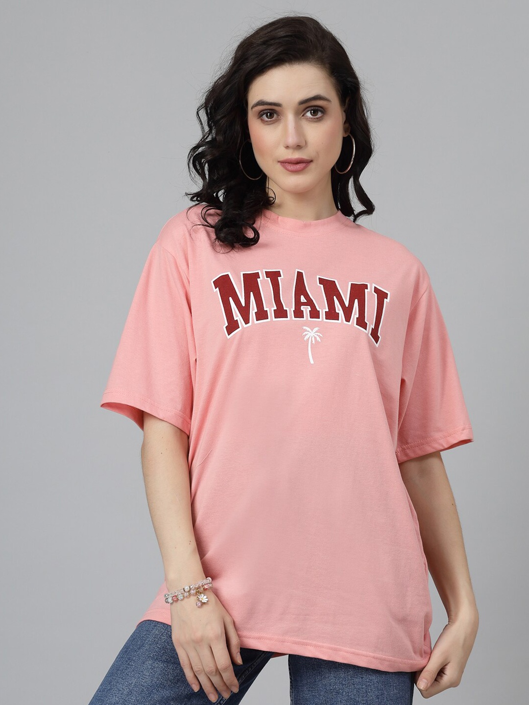 Popster Typography Printed Round Neck Oversized T-shirt, Peach