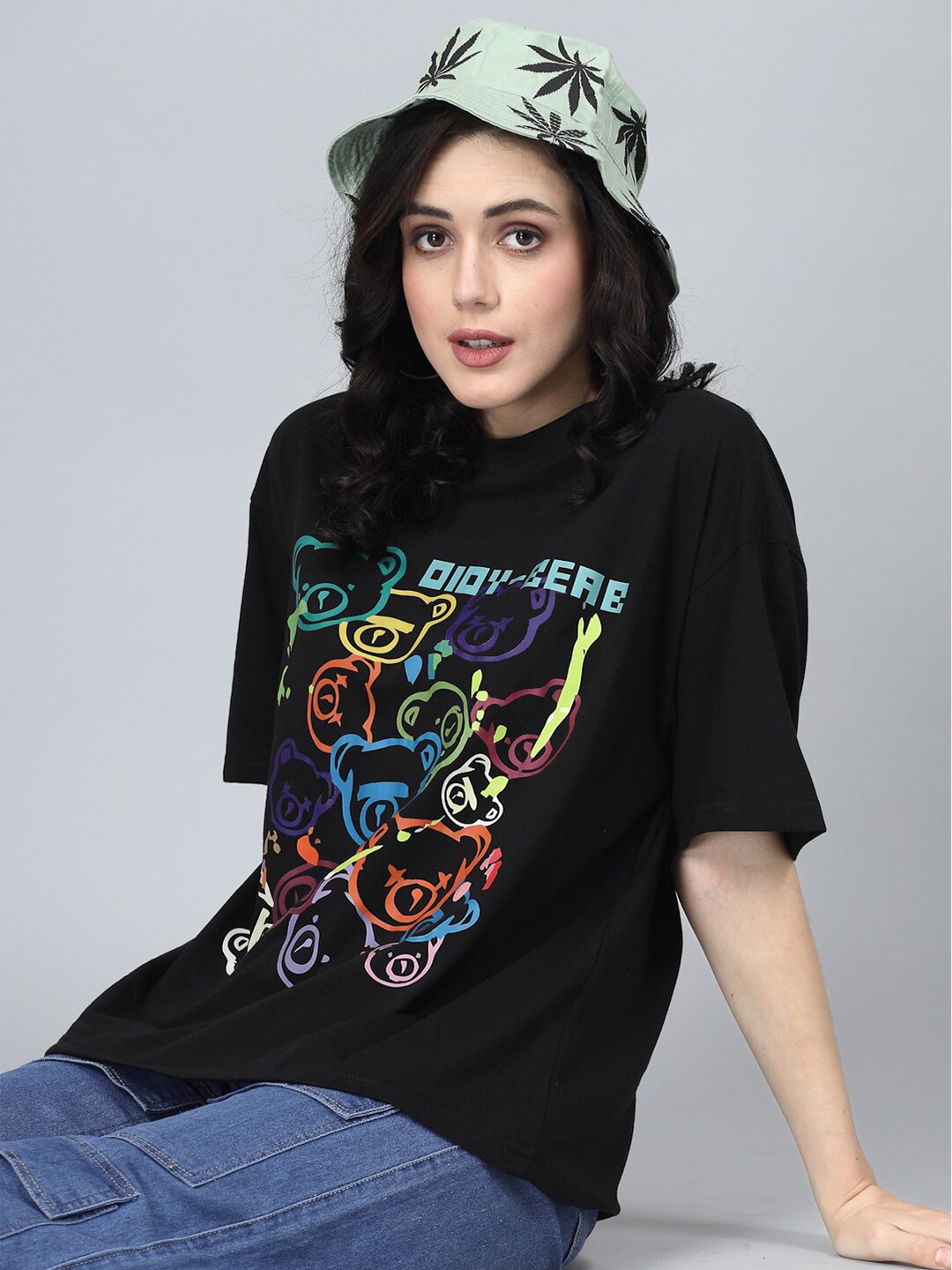 

Popster Round Neck Typography Printed Oversized Cotton T-shirt, Black
