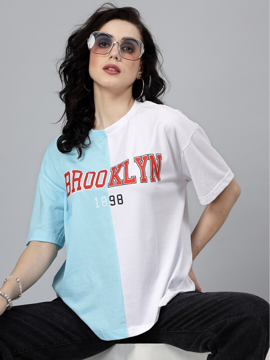 

Popster Round Neck Typography Printed Oversized Cotton T-shirt, Blue