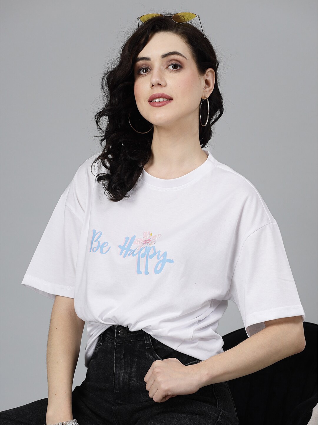 

Popster Typography Printed Round Neck Oversized T-shirt, White