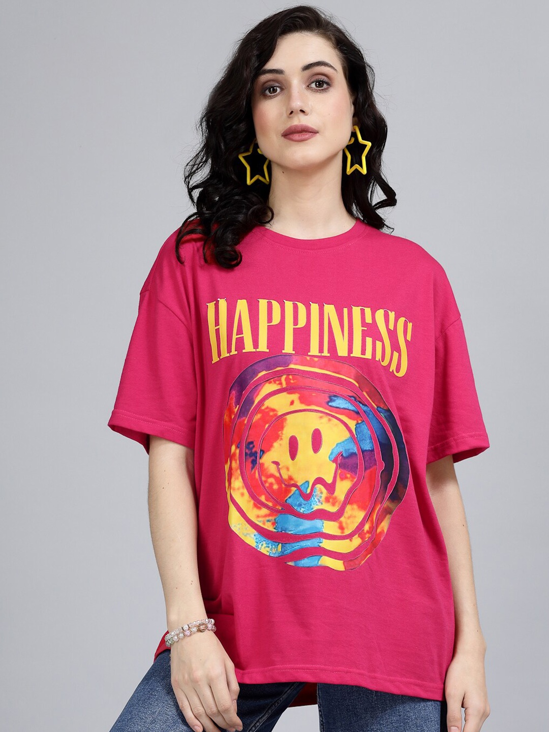 

Popster Round Neck Drop-Shoulder Sleeves Graphic Printed Cotton Oversized T-shirt, Magenta