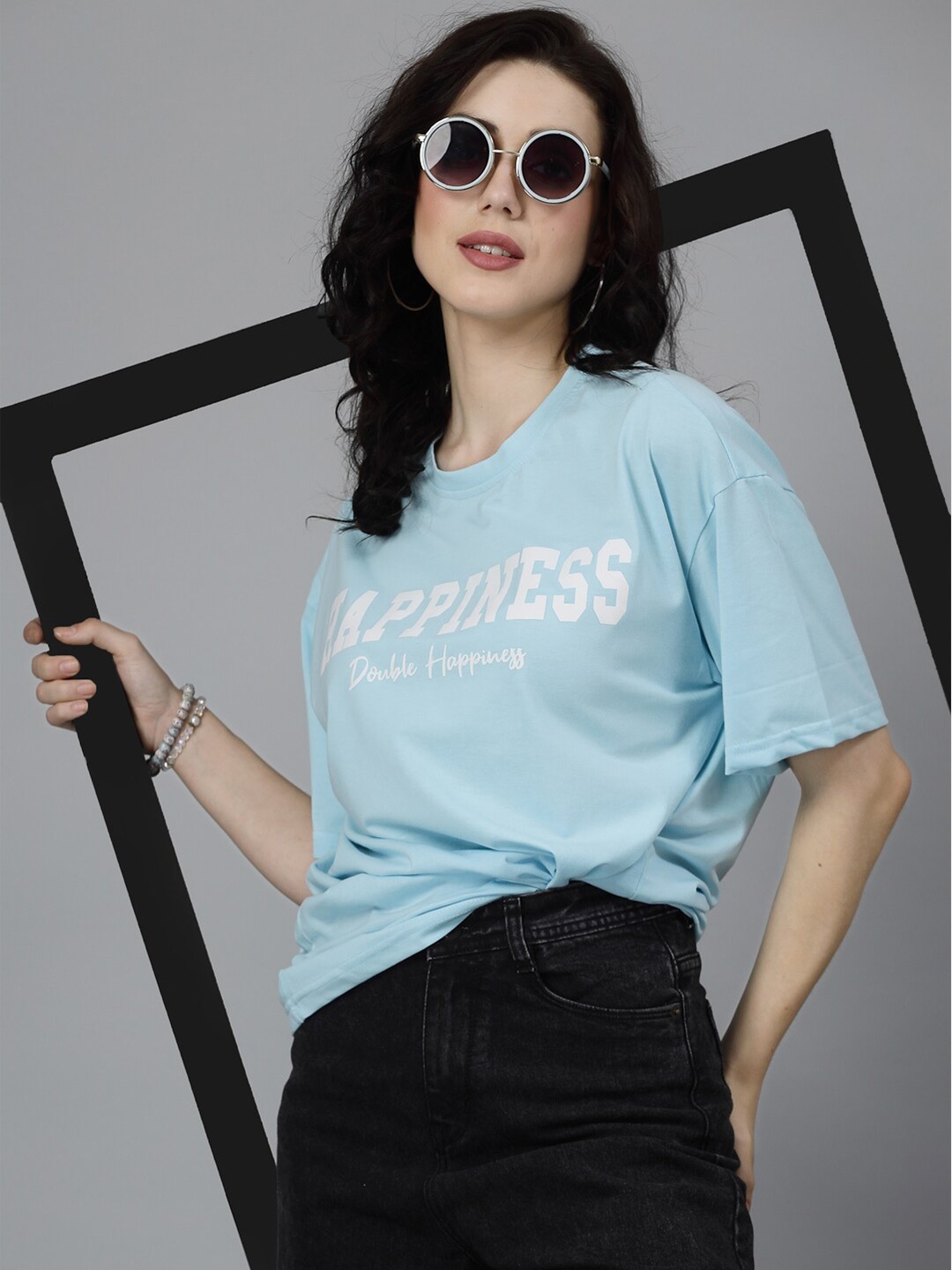 

Popster Round Neck Typography Printed Oversized Cotton T-shirt, Blue