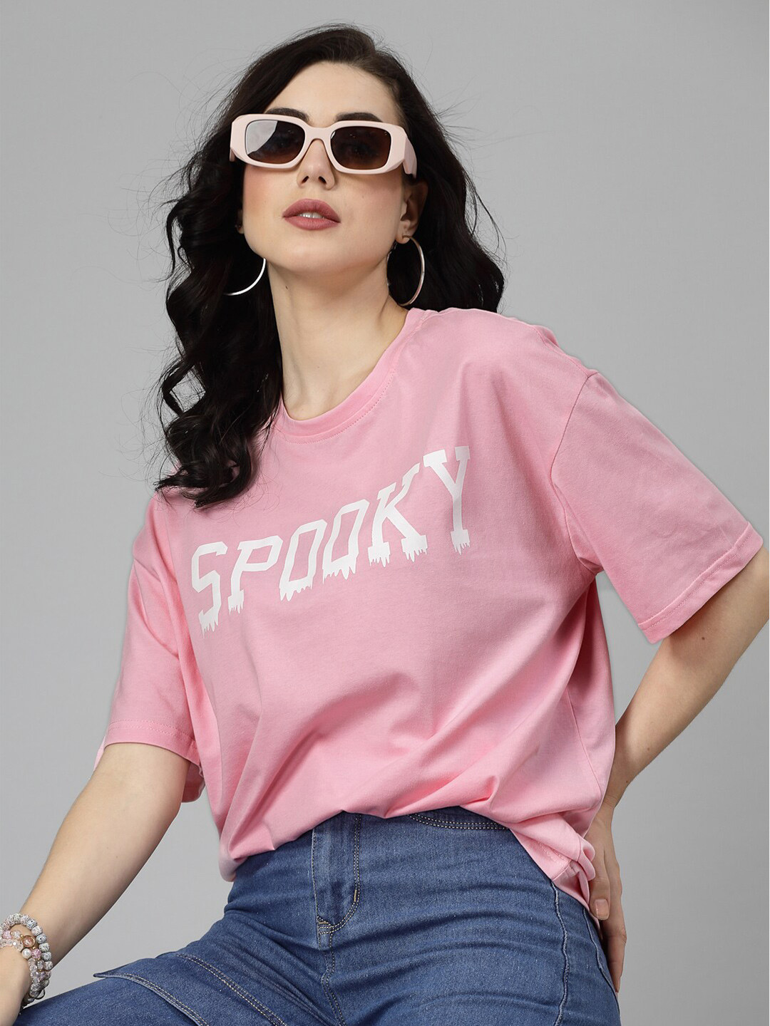 

Popster Typography Printed Round Neck Oversized T-shirt, Pink