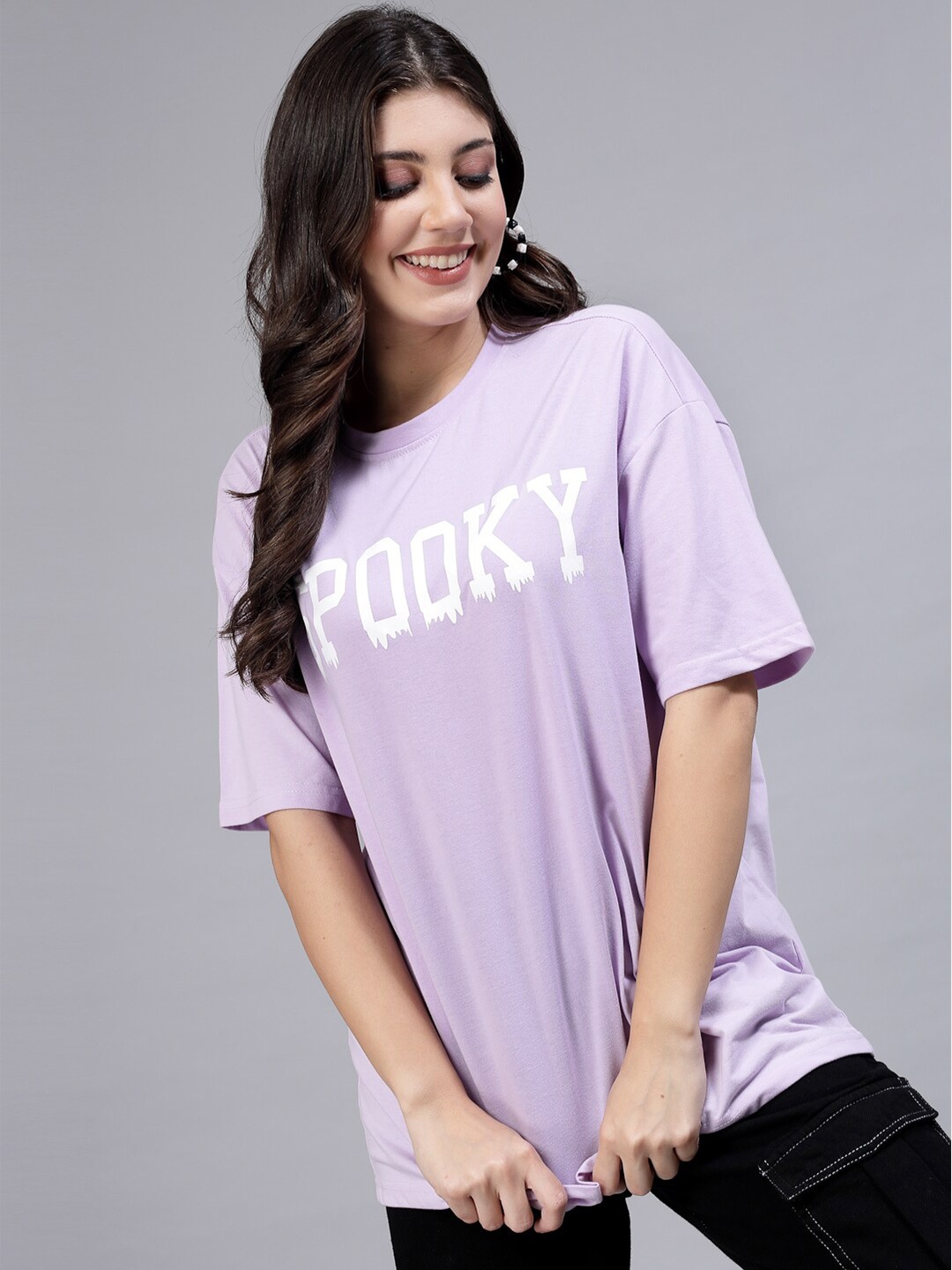 

Popster Typography Printed Round Neck Oversized T-shirt, Lavender