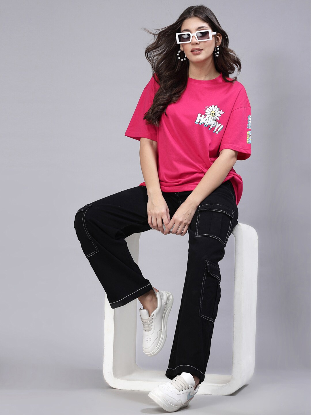 

Popster Typography Printed Cotton T-shirt, Magenta