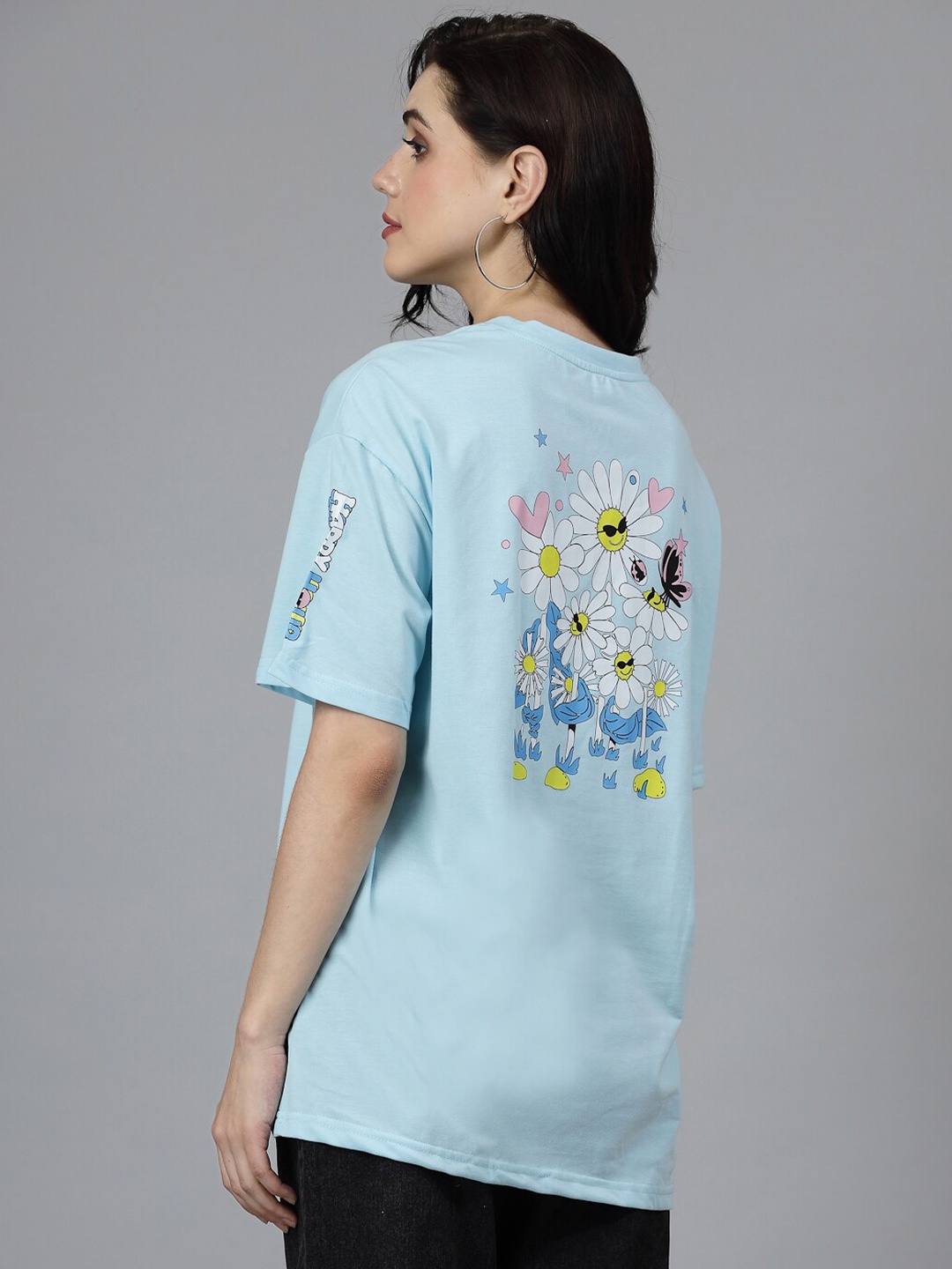 

Popster Floral Printed Round Neck Oversized T-shirt, Blue