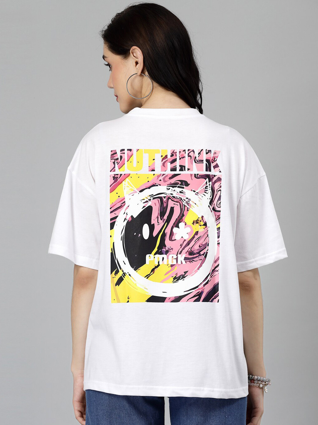

Popster Round Neck Typography Drop-Shoulder Sleeves Oversized Cotton T-shirt, White