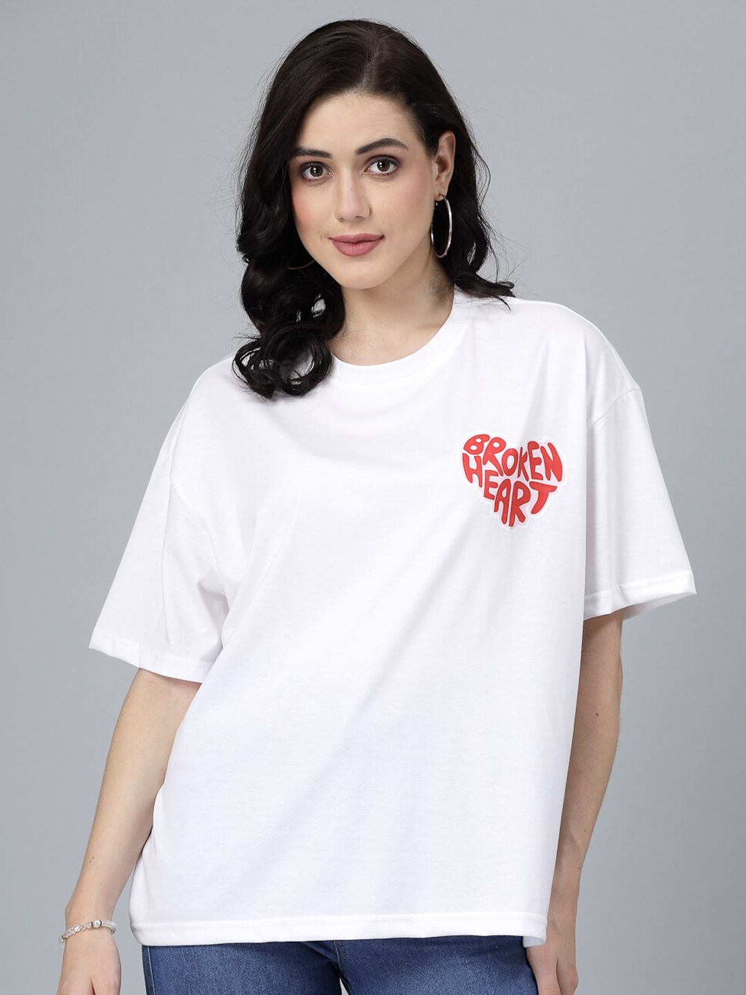 

Popster Round Neck Drop-Shoulder Sleeves Cotton Oversized T-shirt, White