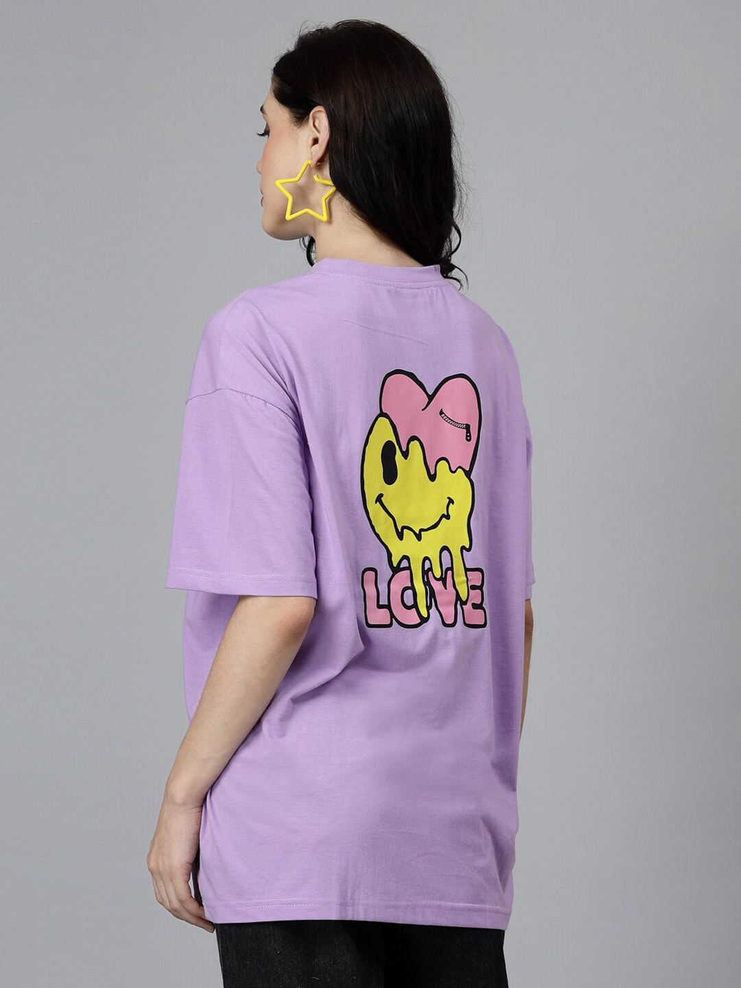 

Popster Round Neck Drop Shoulder Sleeves Printed Oversized Cotton T-shirt, Lavender