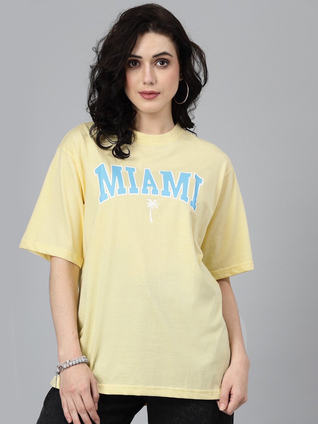 

Popster Typography Printed Round Neck Oversized T-shirt, Yellow