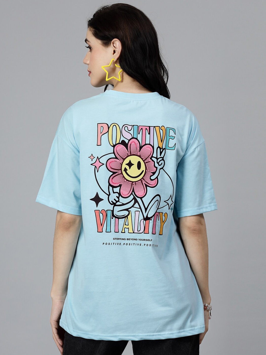 

Popster Graphic Printed Round Neck Oversized T-shirt, Blue