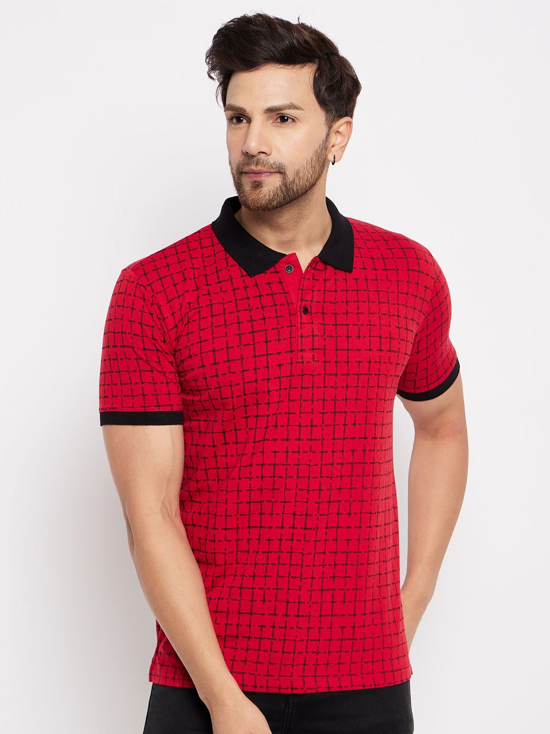 

WILD WEST Checked Polo Collar Cotton T-shirt, Red