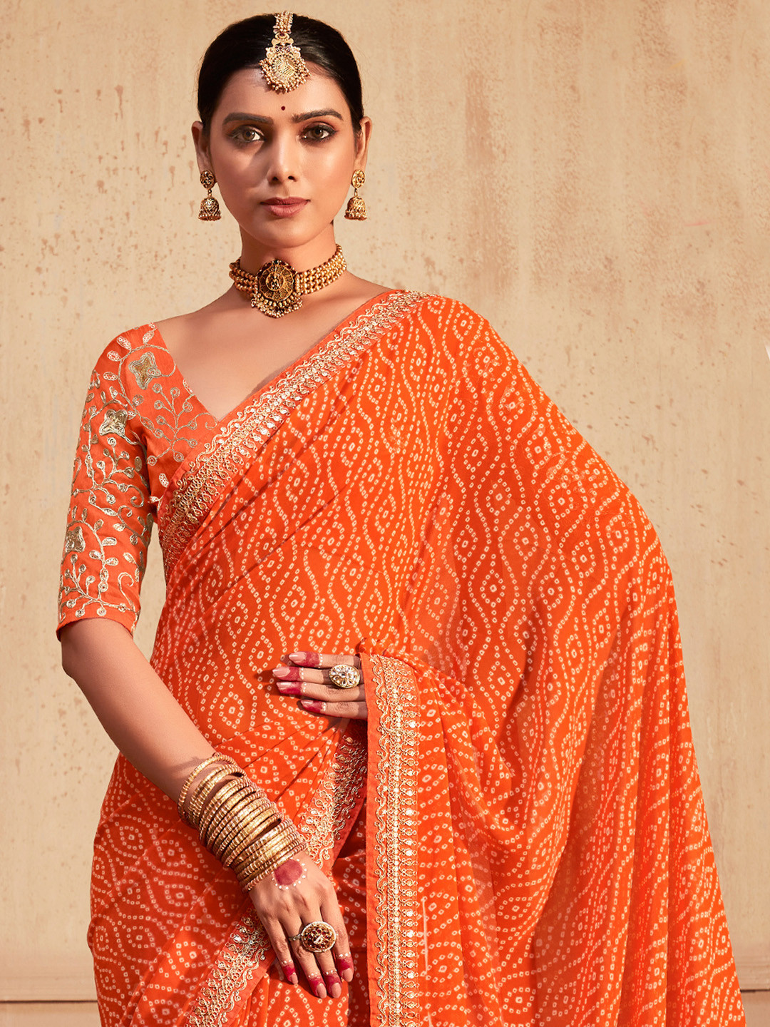 

KALINI Bandhani Embroidered Pure Georgette Bandhani Saree, Orange