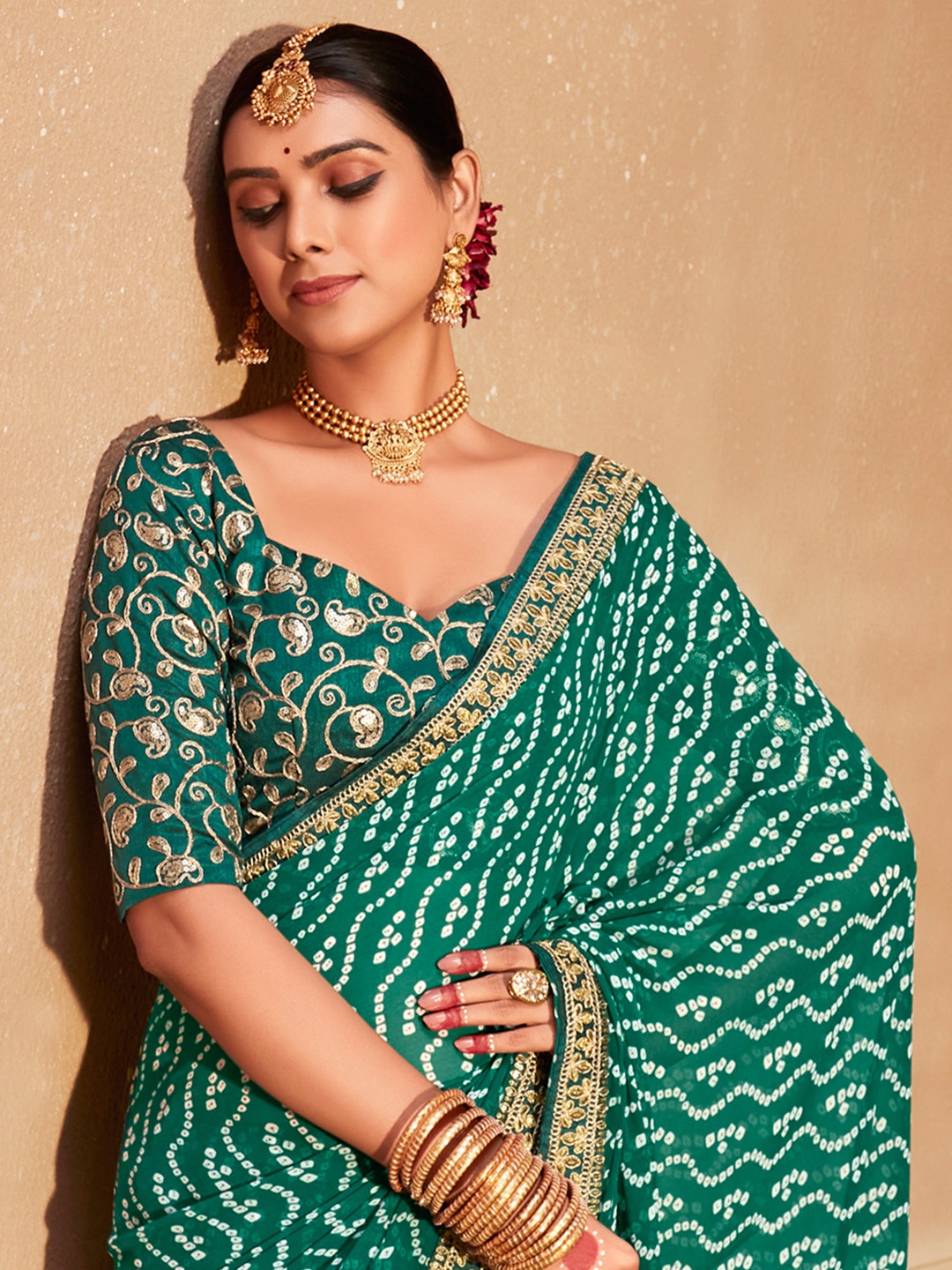 

KALINI Bandhani Embroidered Pure Georgette Bandhani Saree, Teal