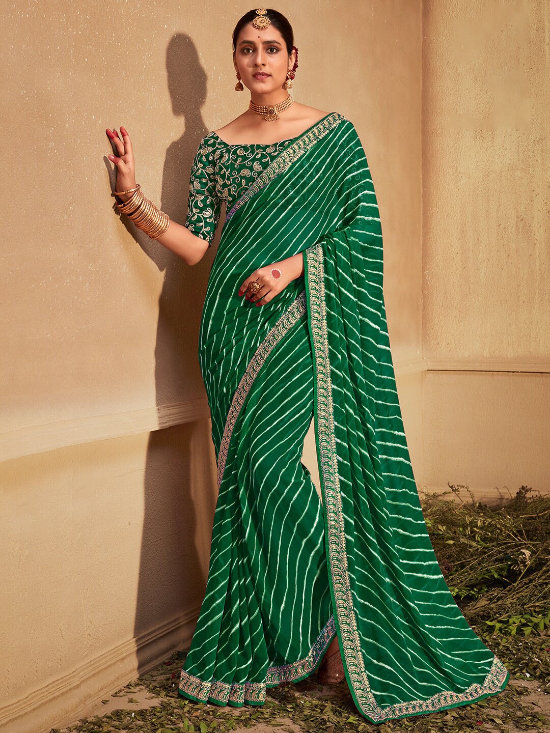 

KALINI Striped Embroidered Poly Georgette Leheriya Saree, Green