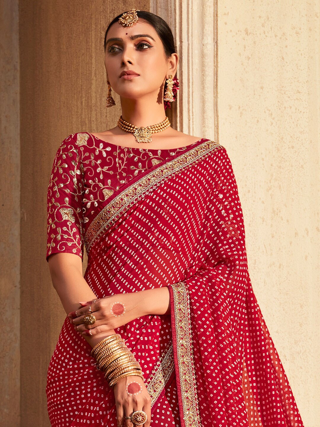 

KALINI Printed Pure Georgette Bandhani Saree, Pink
