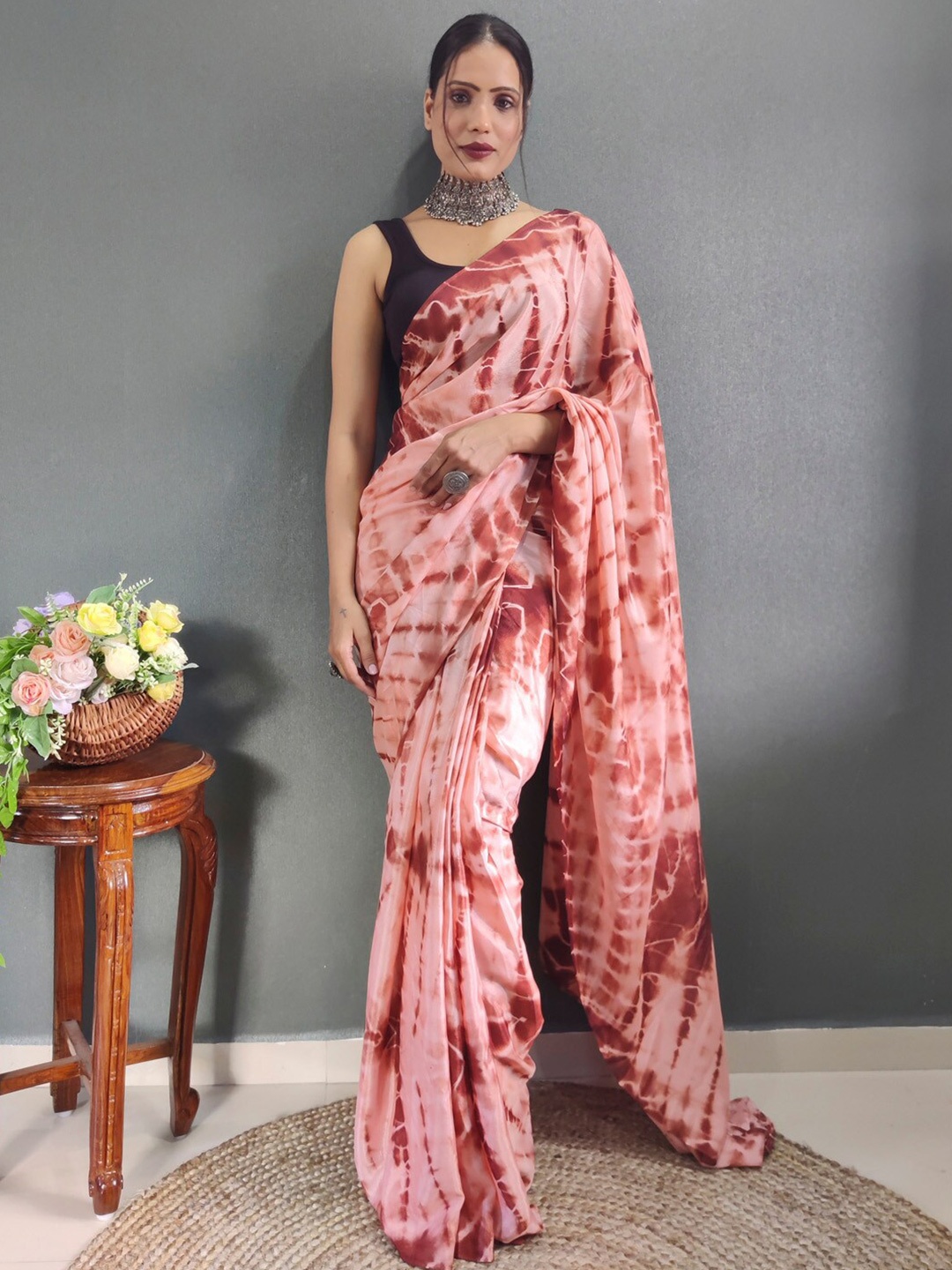 

KALINI Peach Chiffon Ethnic Printed Ready to Wear Saree