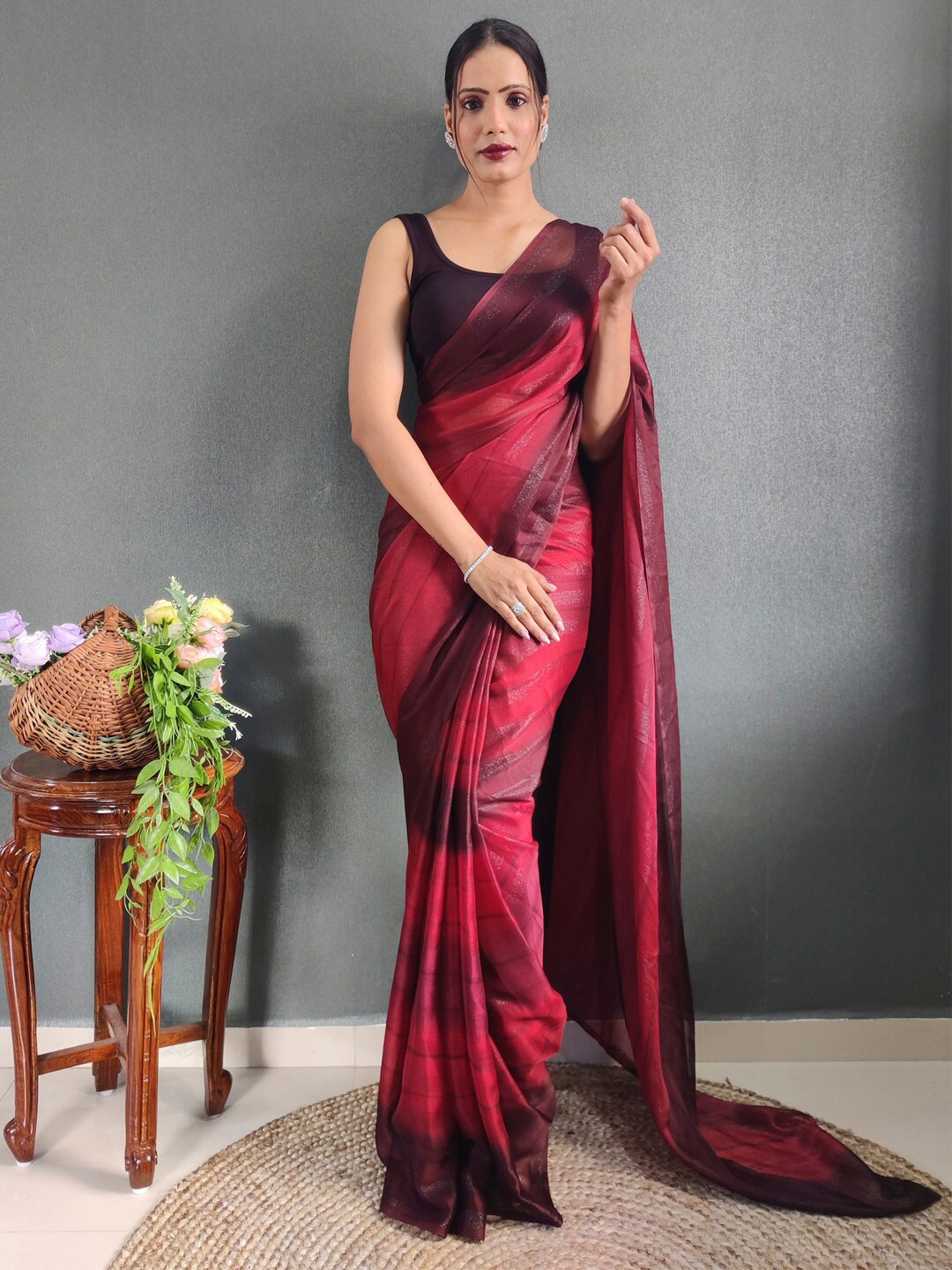 

KALINI Red Nylon Ethnic Printed Ready to Wear Saree