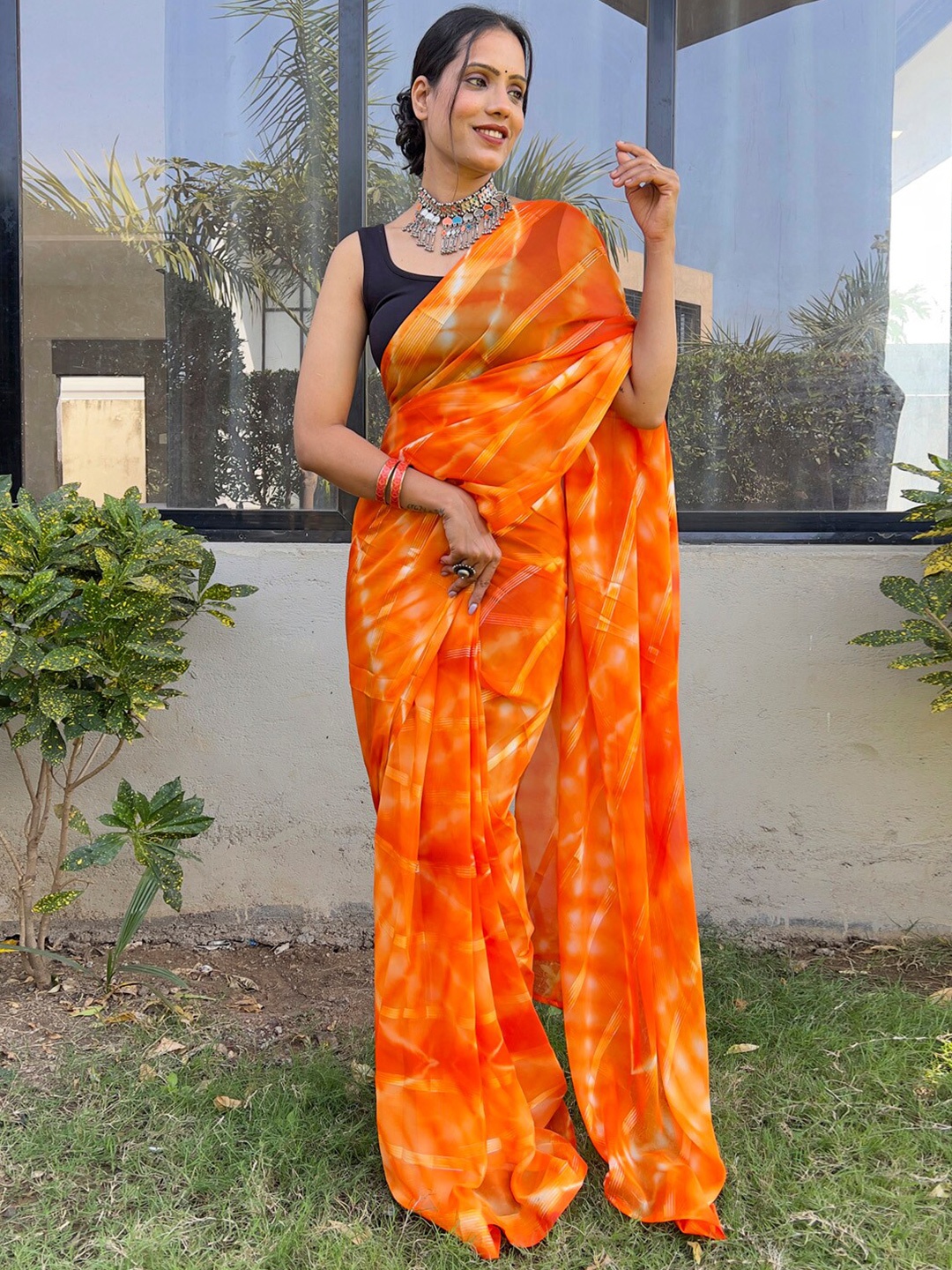 

KALINI Orange Georgette Ethnic Printed Ready to Wear Saree