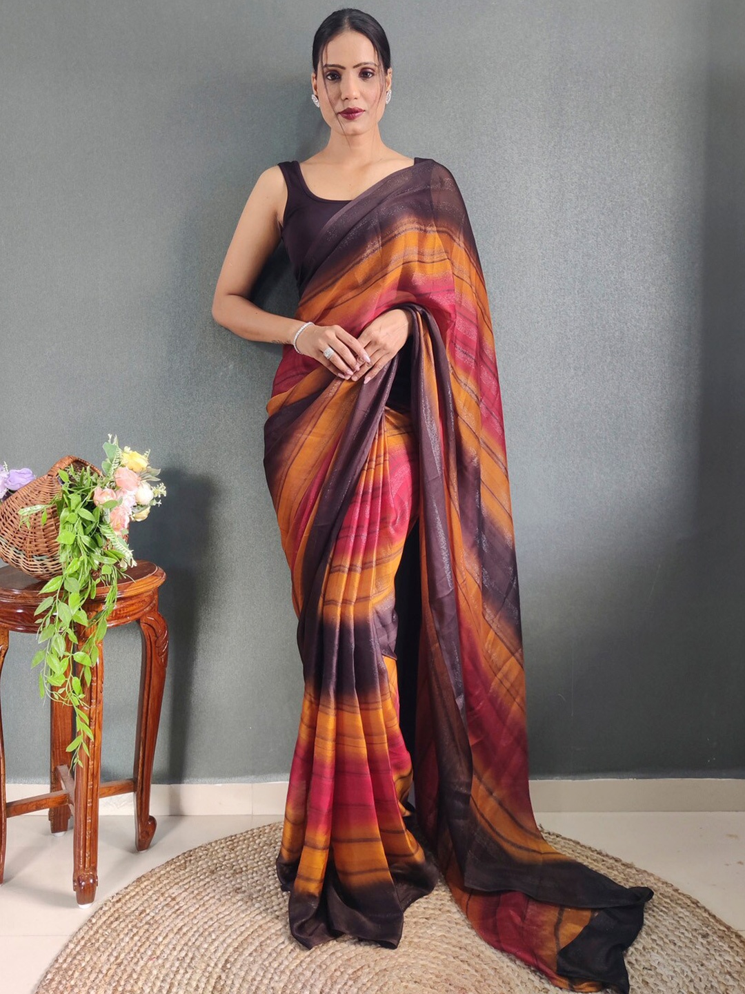 

KALINI Mustard Nylon Ethnic Printed Ready to Wear Saree