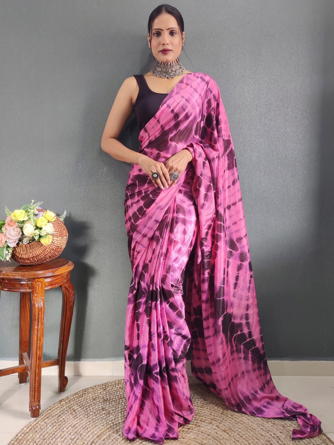 

KALINI Pink Chiffon Ethnic Printed Ready to Wear Saree