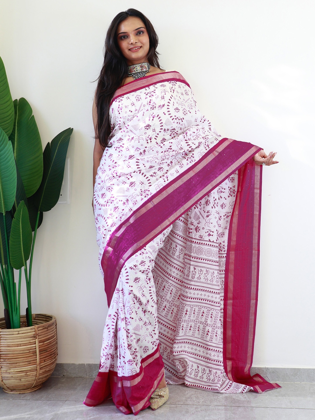 

KALINI White Dola Silk Ethnic Printed Ready to Wear Saree