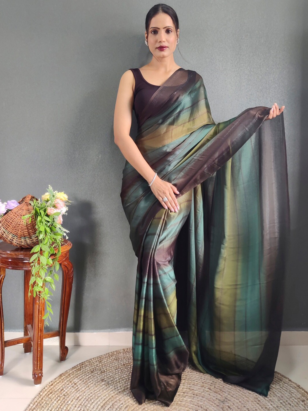 

KALINI Teal blue Nylon Ethnic Printed Ready to Wear Saree