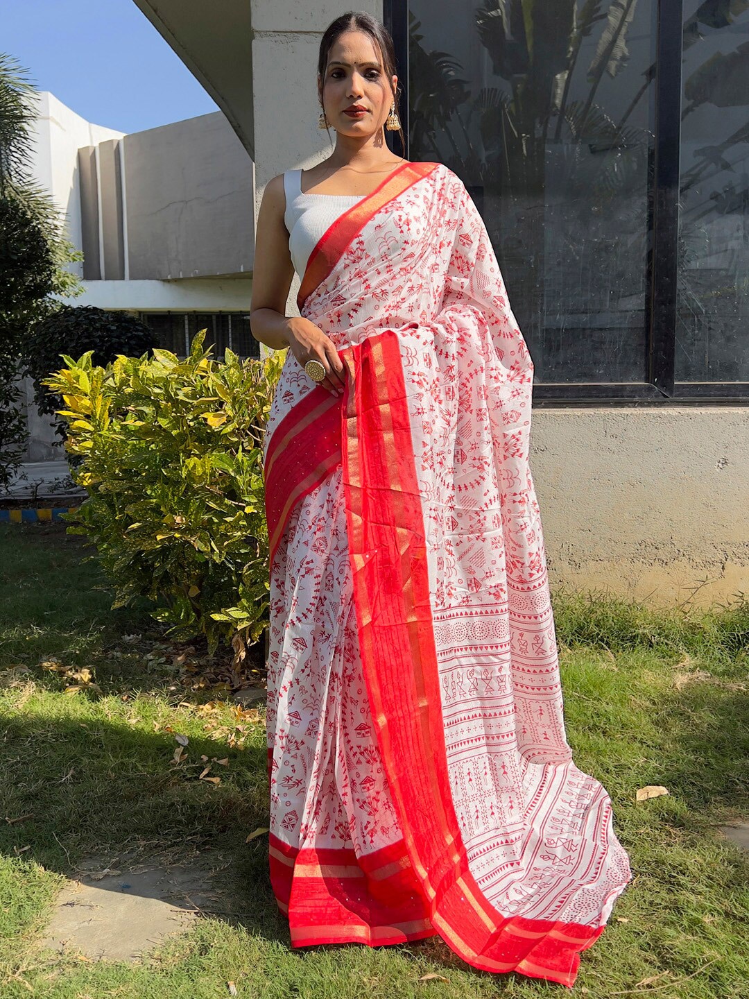 

KALINI White Dola Silk Ethnic Printed Ready to Wear Saree