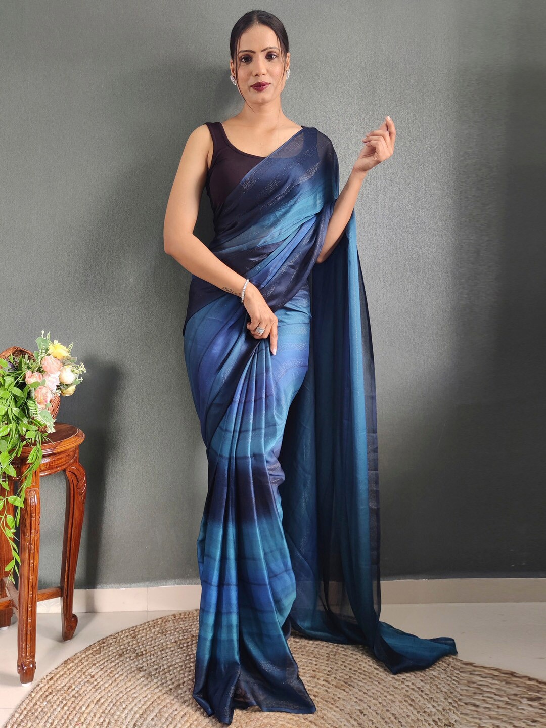 

KALINI Blue Nylon Ethnic Printed Ready to Wear Saree