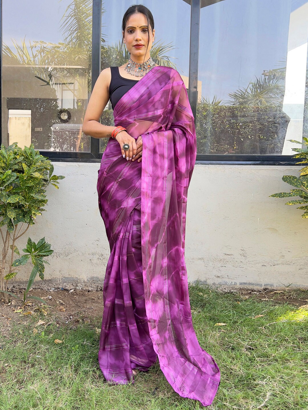 

KALINI Magenta Georgette Ethnic Printed Ready to Wear Saree