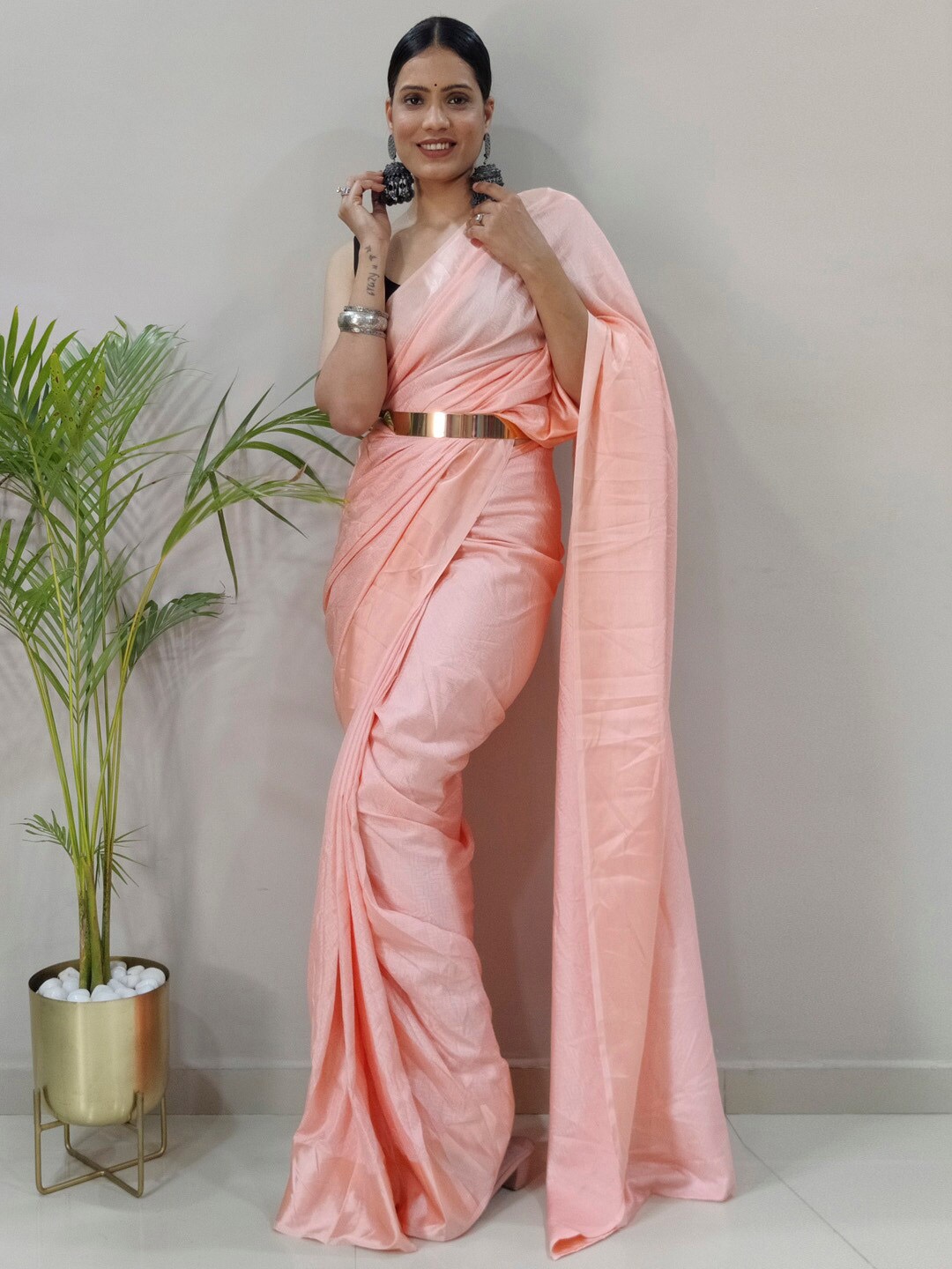 

KALINI Peach Chiffon Ethnic Printed Ready to Wear Saree