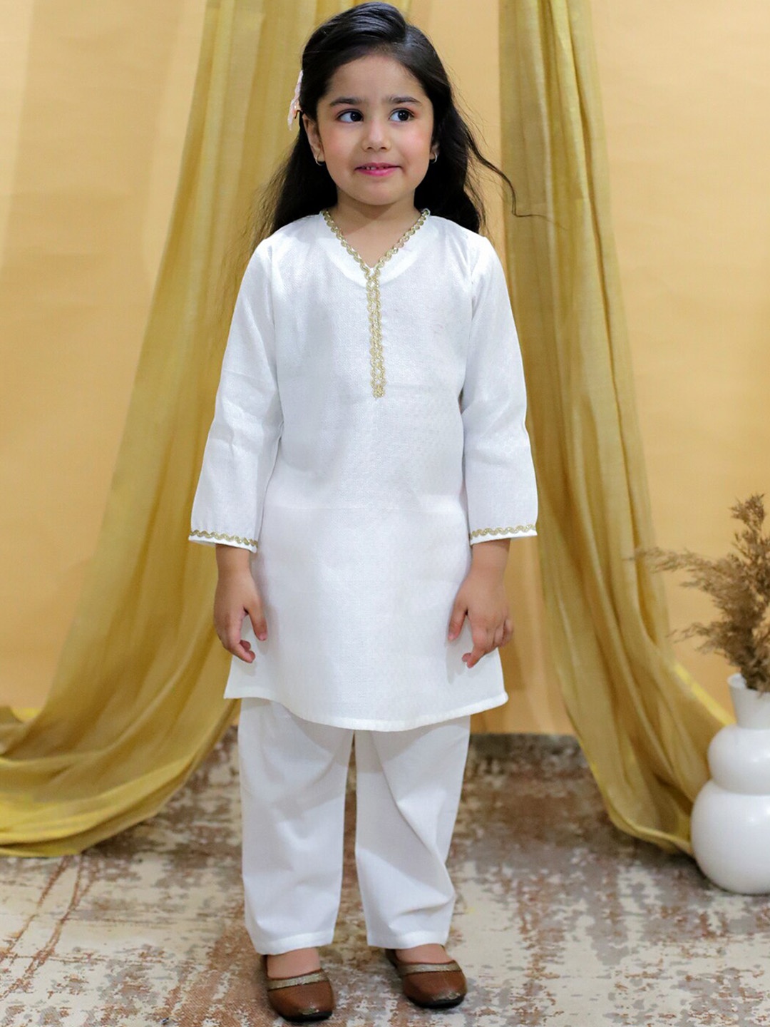 

The Mom Store Girls Regular Gotta Patti Kurta with Trouser, White