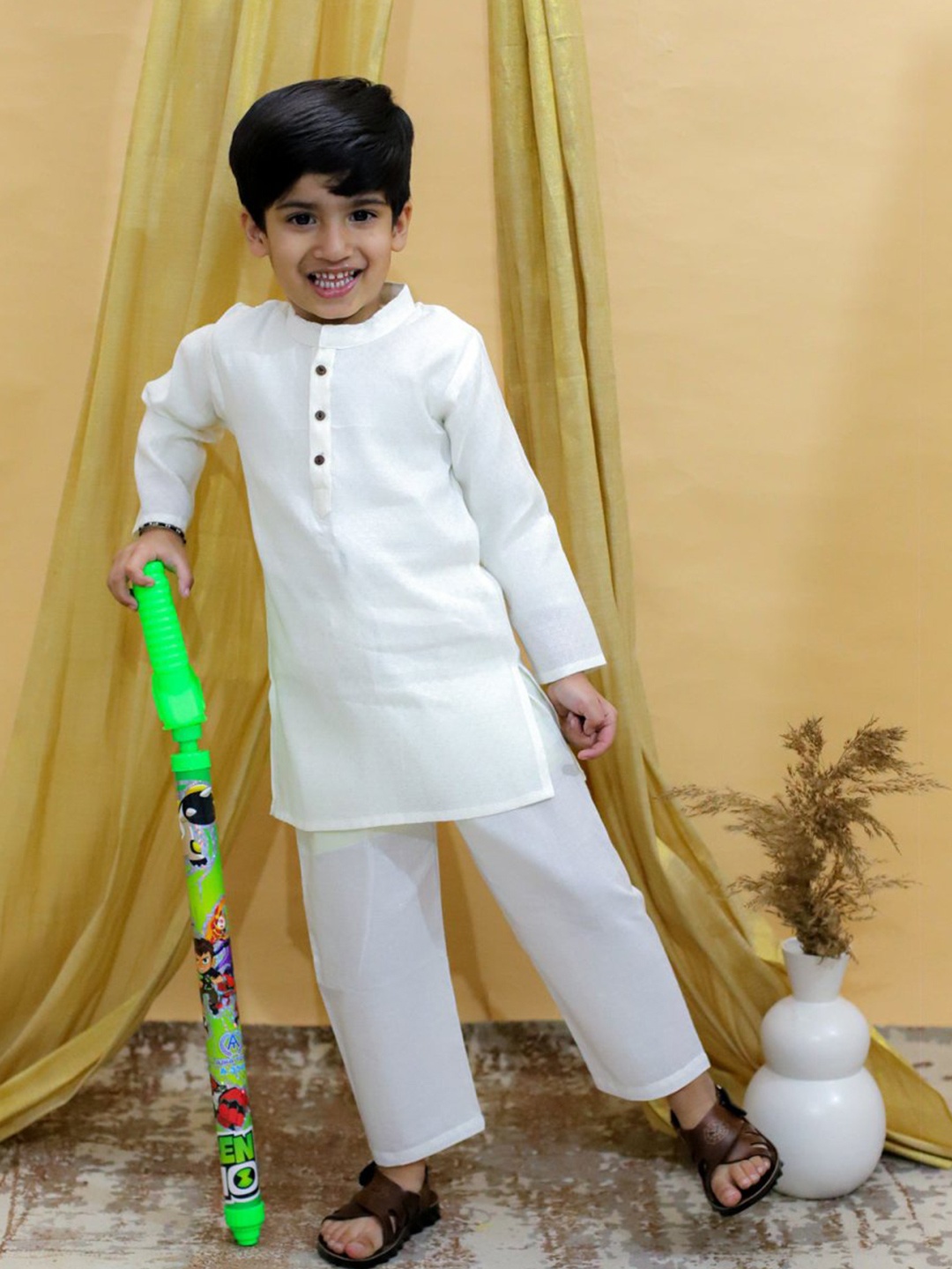 

The Mom Store Boys Mandarin Collar Pure Cotton Kurta With Trousers, White