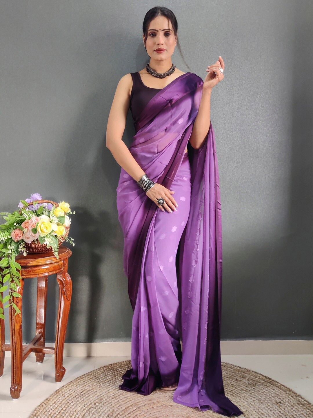 

KALINI Purple Georgette Ethnic Printed Ready to Wear Saree