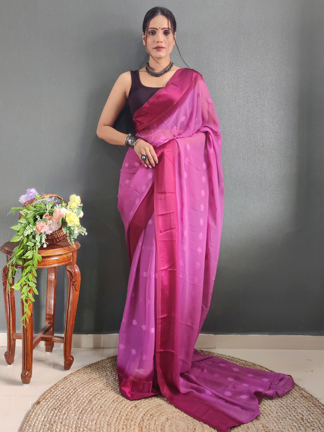 

KALINI Pink Georgette Ethnic Printed Ready to Wear Saree
