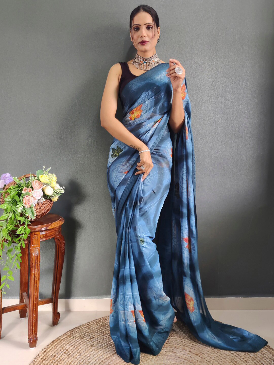 

KALINI Blue Georgette Ethnic Printed Ready to Wear Saree